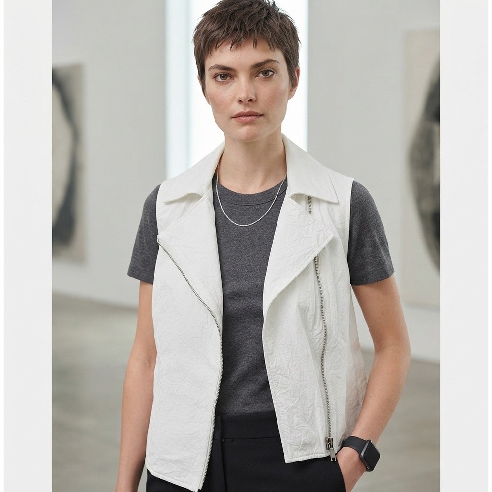 Jil Sander Navy White Cotton Zip Up Vest Crinkle Texture Seamed Back Size Small